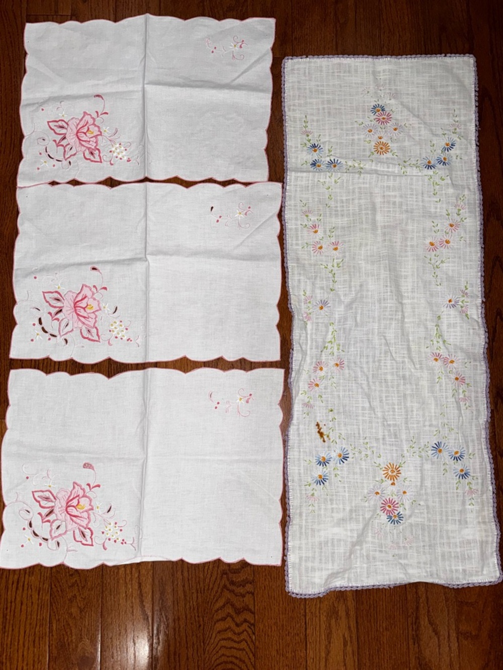 Vintage Handmade stitched table runner and 3 placemats
